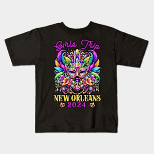Girls Trip New Orleans 2024 Women Girl Mardi Gras Mask Beads Kids T-Shirt